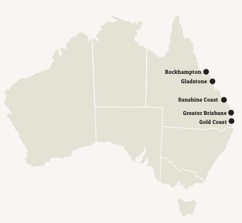 Map of Veld Maintain's five Queensland service hubs: Rockhampton, Gladstone, Sunshine Coast, Greater Brisbane, and Gold Coast